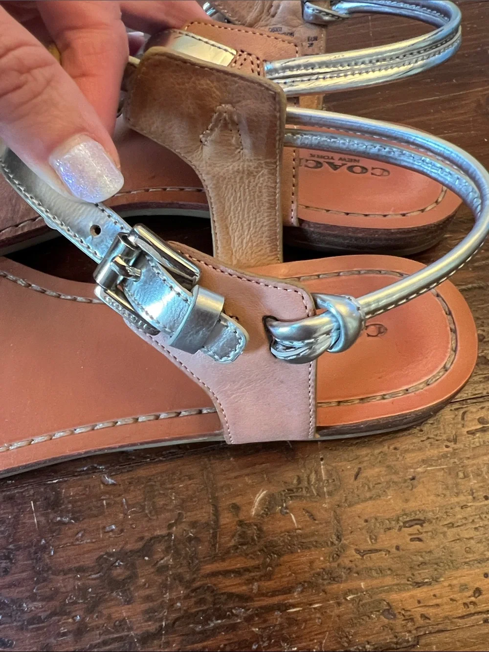 Coach Metallic Silver Leather T-Strap Sandals with Tan Footbed